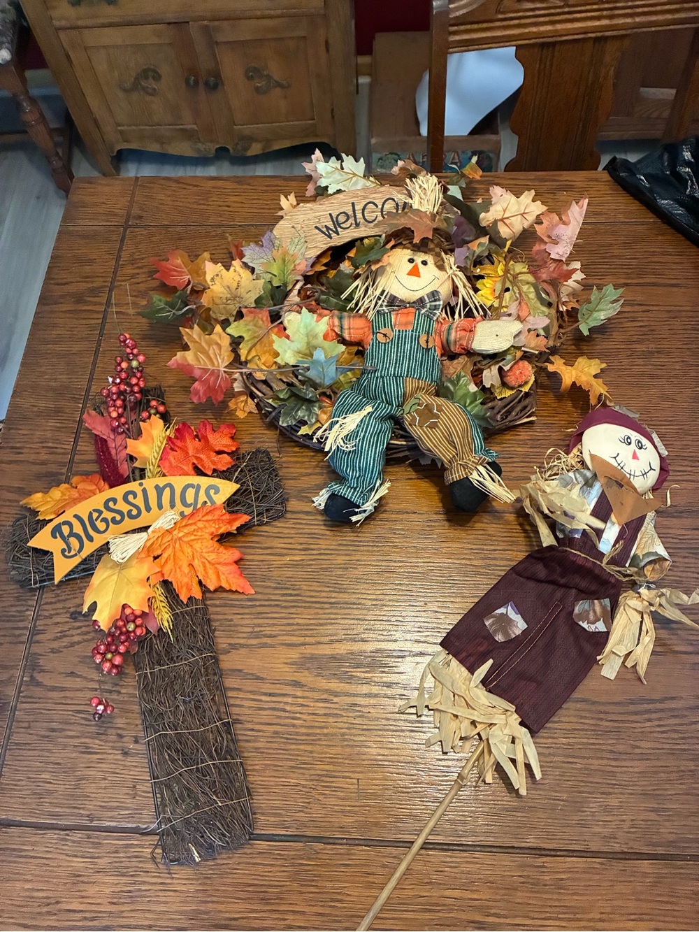 Autumn Harvest Scarecrow Wreath and Accents - Fall Decor (Orange, Brown, Green)